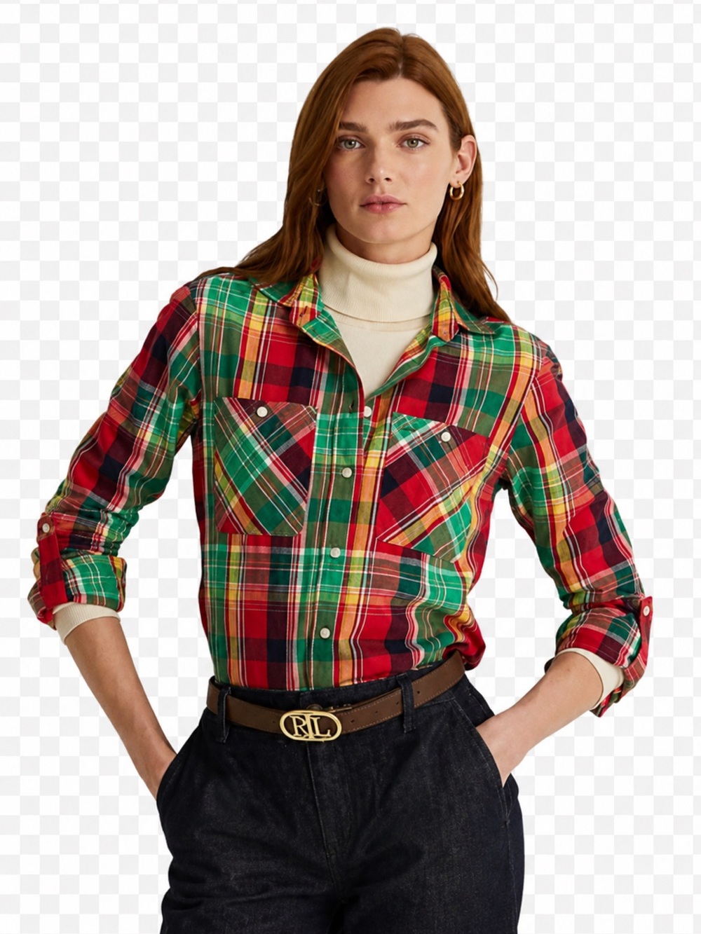 RALPH LAUREN Red, Green & Yellow Plaid Button-Down Shirt, like new M